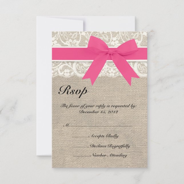Lace & Pink Ribbon and Burlap Wedding RSVP Card (Front)