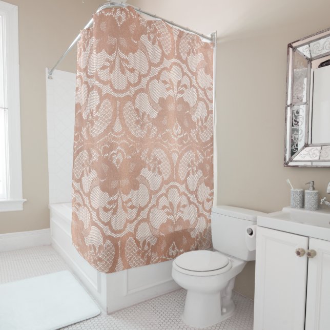 Lace Pink Rose Gold White Blush Pink Floral Shower Curtain (In Situ)