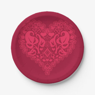 Lace red heart leaves floral lacy Valentines Day Paper Plate