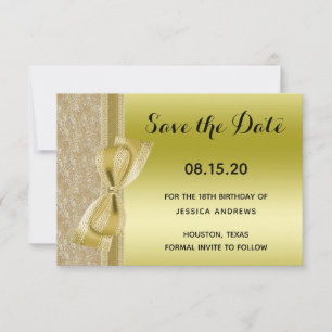 Lace Ribbon & Bow Gold Glitter Sequin 18th Save The Date