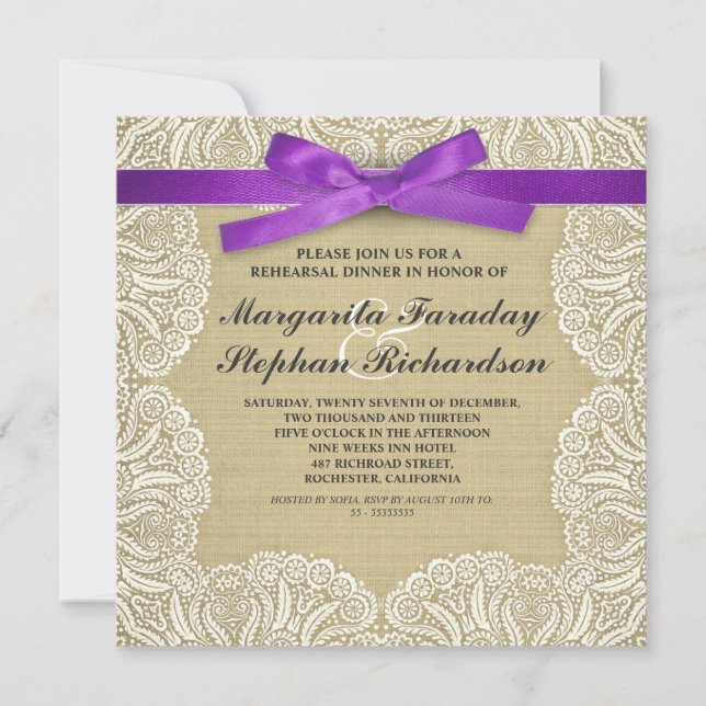 lace ribbon & burlap rustic rehearsal dinner invitation (Front)