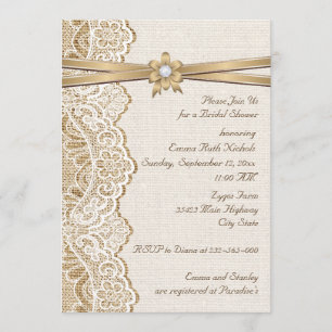 Lace, ribbon flower & burlap wedding bridal shower invitation