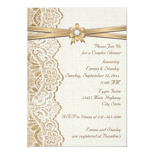 Lace ribbon flower & burlap wedding couples shower card