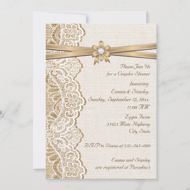 Lace ribbon flower & burlap wedding couples shower invitation (Front)