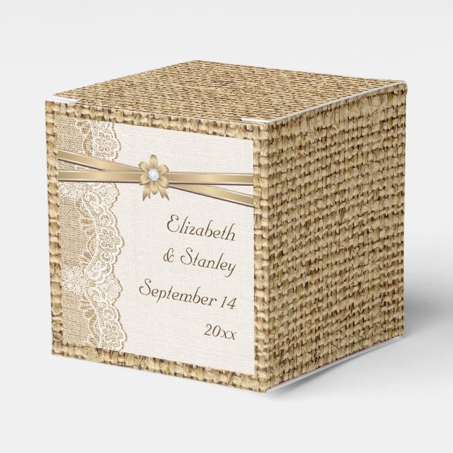 Lace, ribbon flower & burlap wedding favour box (Front Side)