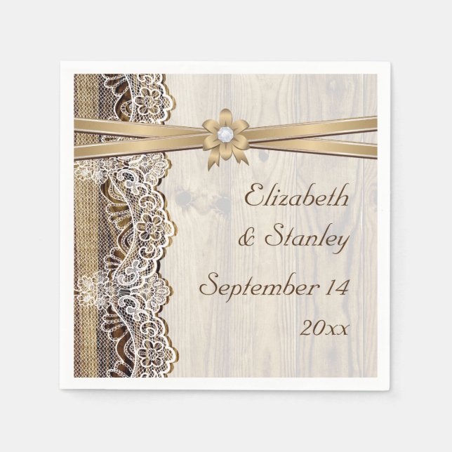 Lace, ribbon flower on wood wedding napkin (Front)