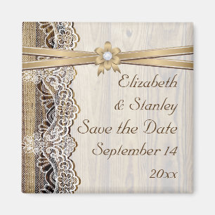 Lace, ribbon flower & wood wedding Save the Date Magnet