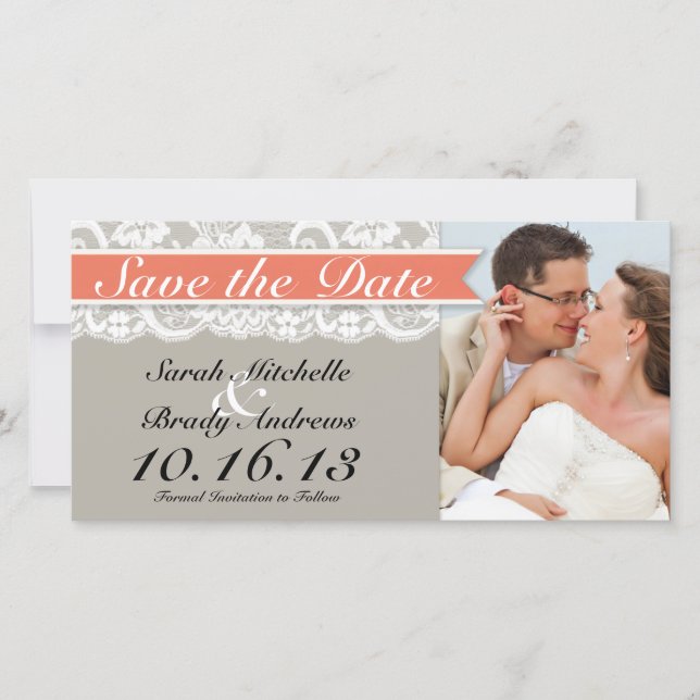 Lace Ribbon Grey and Coral Save the Date (Front)