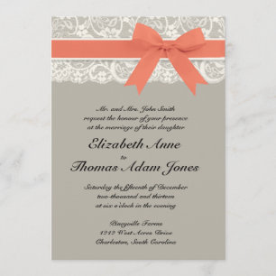 Lace Ribbon Grey and Coral Wedding Invitation