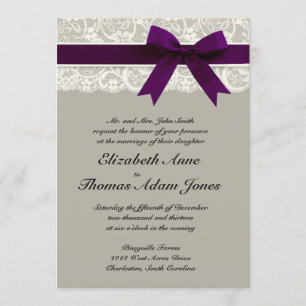 Lace Ribbon Grey and Plum Wedding Invitation