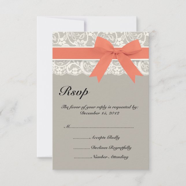 Lace Ribbon Grey Coral Wedding RSVP Card (Front)
