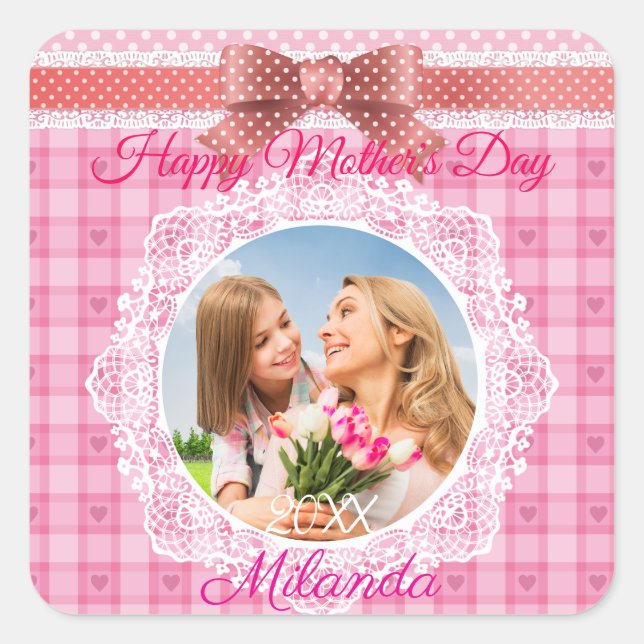 Lace Ribbon Happy Mother’s Day Square Sticker (Front)