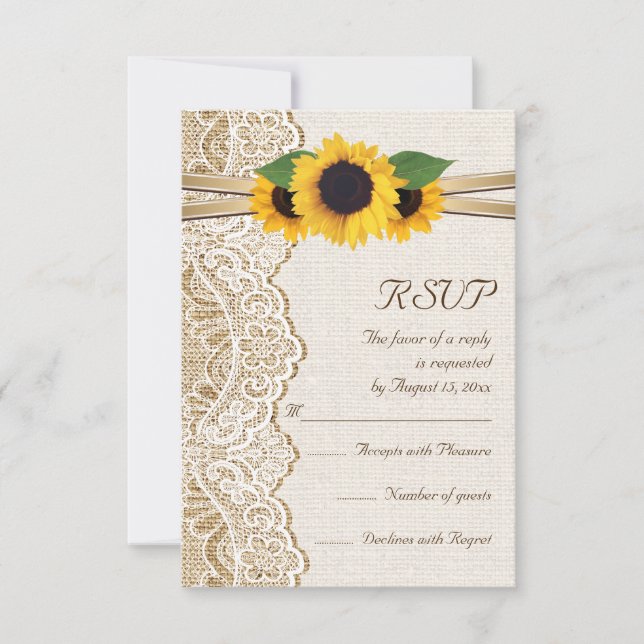 Lace, ribbon & sunflowers on burlap wedding RSVP Card (Front)