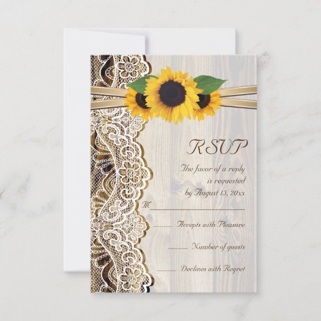 Lace, ribbon & sunflowers on wood wedding RSVP (Front)