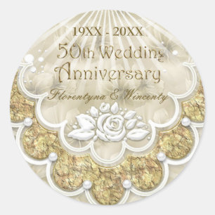 Lace, rose, pearl effect 50th Wedding Anniversary Classic Round Sticker