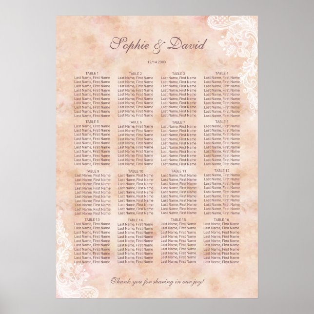 Lace Roses Old Paper  Wedding Seating Chart (Front)