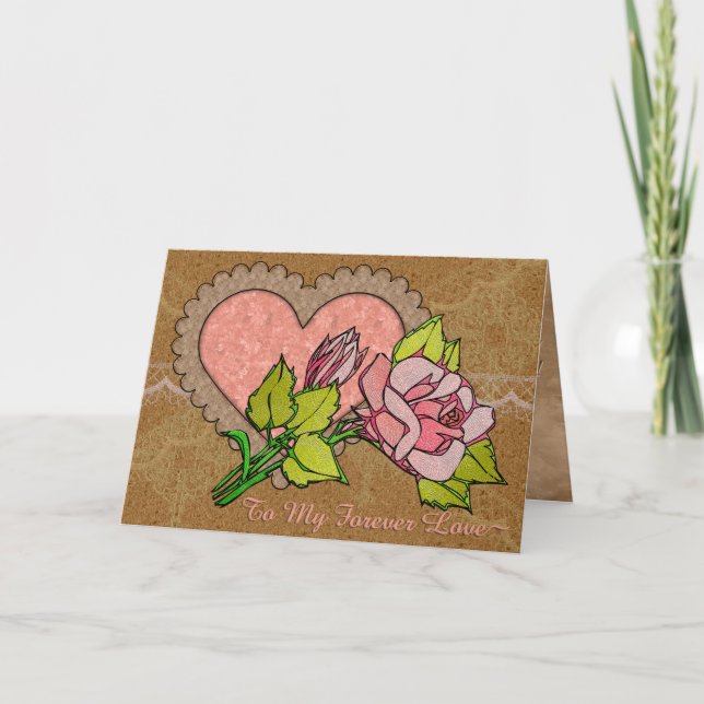 Lace, Ruffled Heart, Textured Rose (Personalised) Holiday Card (Front)