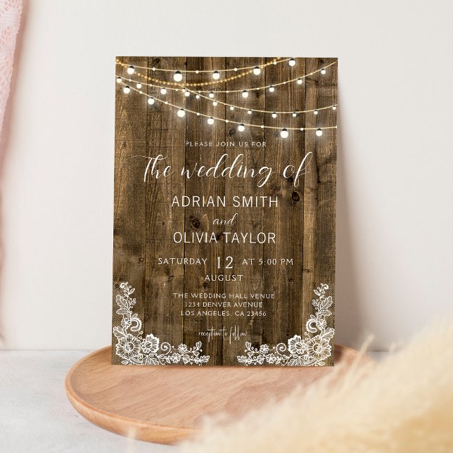 Lace & Rustic String Lights Wood Wedding Invitation (Creator Uploaded)