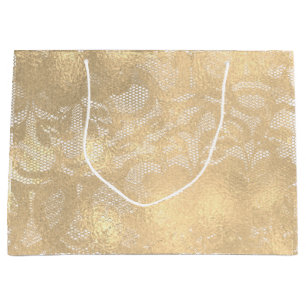 Lace Sepia Faux Gold Floral Bridal Glam Large Gift Bag