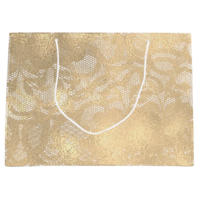 Lace Sepia Faux Gold Floral Bridal Glam Large Gift Bag (Front)