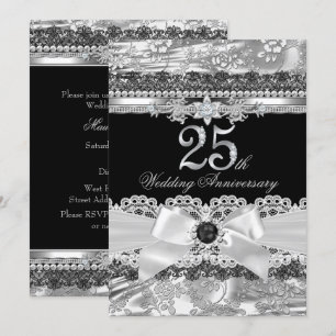 Lace & Silver Pearl Bow 25th Anniversary Invite