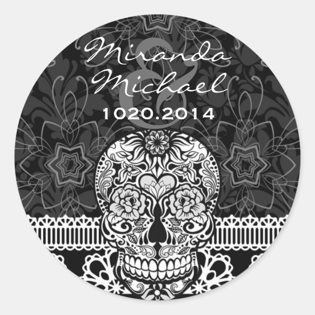 Lace Sugar Skull Day of the Dead Save the Date Classic Round Sticker (Front)