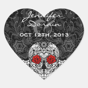 Lace Sugar Skull Day of the Dead Save the Date Heart Sticker