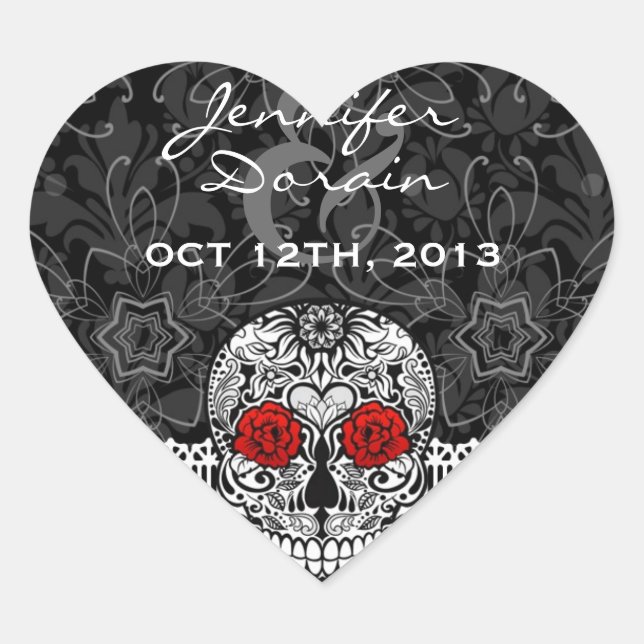 Lace Sugar Skull Day of the Dead Save the Date Heart Sticker (Front)