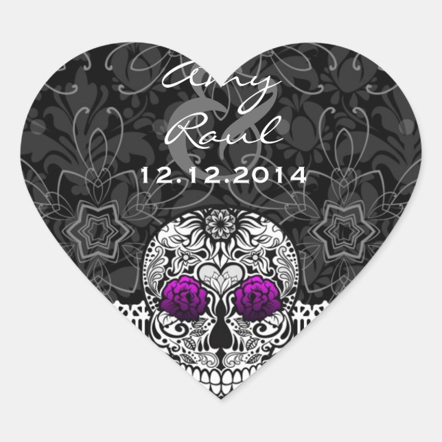 Lace Sugar Skull Day of the Dead Save the Date Heart Sticker (Front)