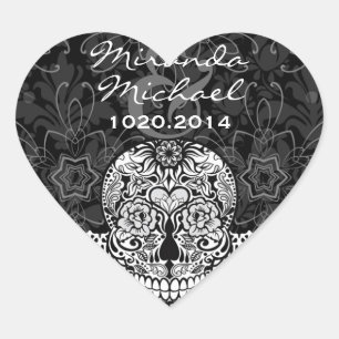 Lace Sugar Skull Day of the Dead Save the Date Heart Sticker
