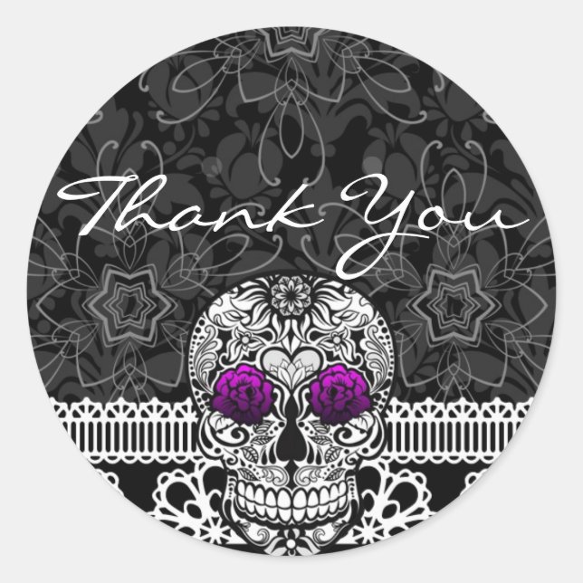 Lace Sugar Skull Day of the Dead Thank You Classic Round Sticker (Front)