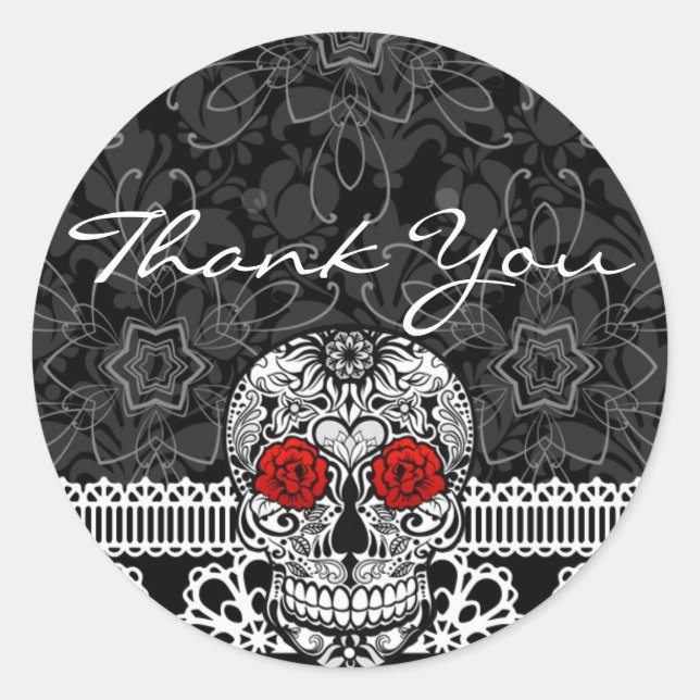 Lace Sugar Skull Day of the Dead Thank You Classic Round Sticker (Front)