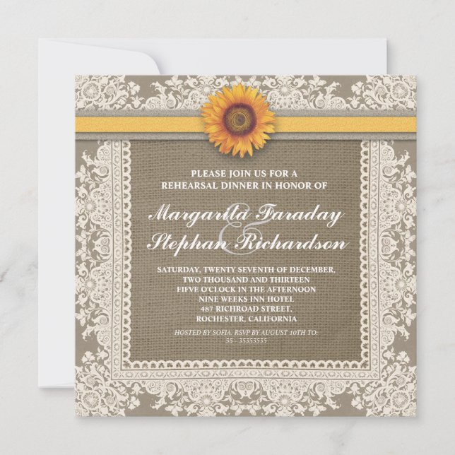 lace sunflower & burlap rehearsal dinner invites (Front)