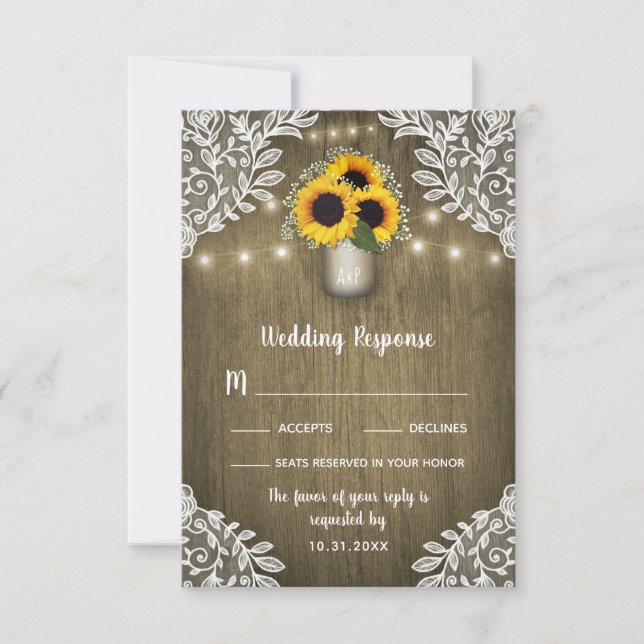 Lace Sunflower Mason Jar Wedding RSVP Cards (Front)