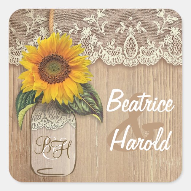 Lace Sunflower Wood and Mason Jar Rustic Square Sticker (Front)