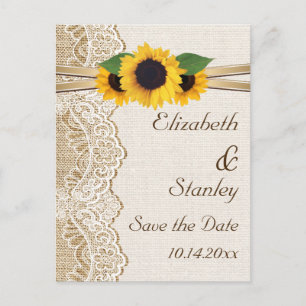 Lace, sunflowers and burlap wedding Save the Date Announcement Postcard