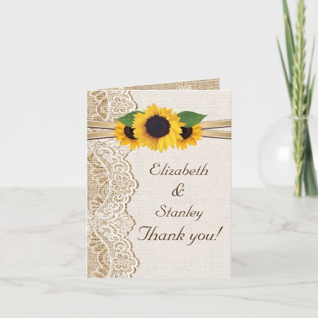 Lace, sunflowers and burlap wedding Thank You (Front)