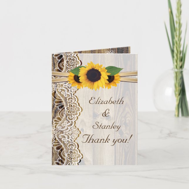Lace, sunflowers and wood wedding Thank You Card (Front)