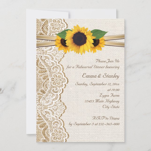 Lace, sunflowers & burlap wedding rehearsal dinner invitation (Front)