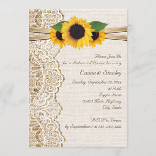 Lace, sunflowers & burlap wedding rehearsal dinner invitation