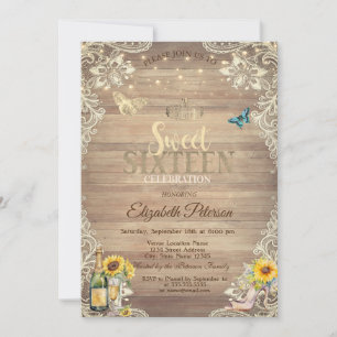 Lace Sunflowers High Heels Wood Sweet 16 Party Invitation