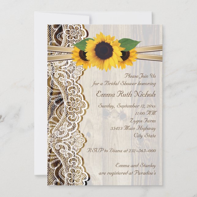 Lace & sunflowers on wood wedding bridal shower invitation (Front)
