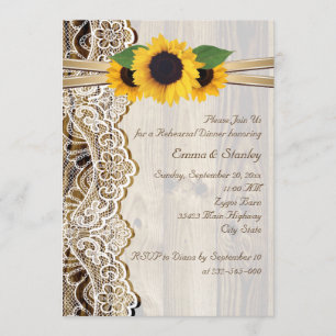 Lace & sunflowers on wood wedding rehearsal dinner invitation