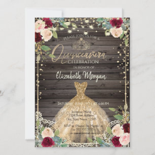  Lace,Tiara,Dress,Roses Dark Wood Quinceañera  Invitation