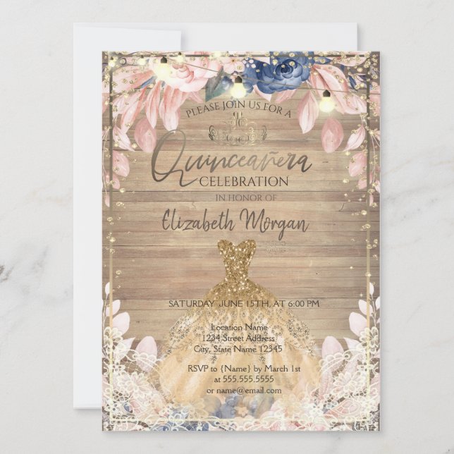 Lace,Tiara,Lights,Dress Wood Flowers Quinceañera  Invitation (Front)