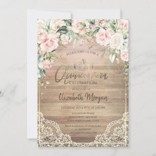 Lace,Tiara,Lights,Wood Pink Roses Quinceañera Invitation