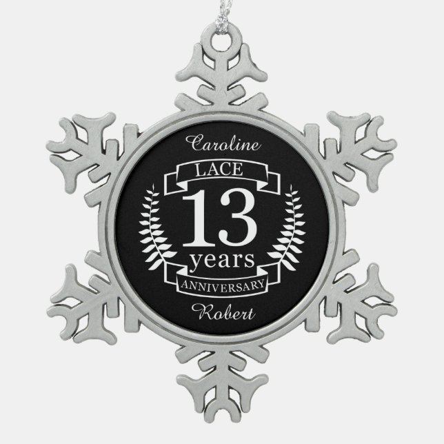 Lace Traditional wedding anniversary 13 years Snowflake Pewter Christmas Ornament (Front)