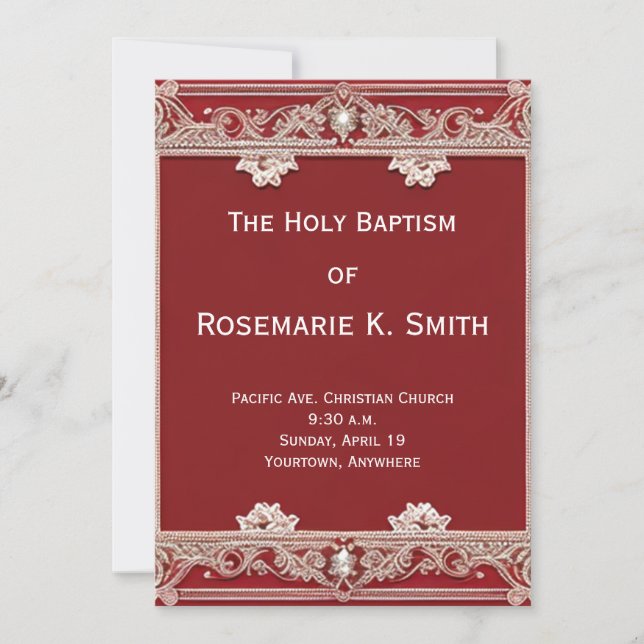 Lace Trim Look Red Baptism Invitation (Front)