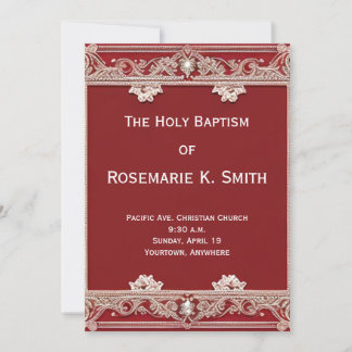 Lace Trim Look Red Baptism Invitation