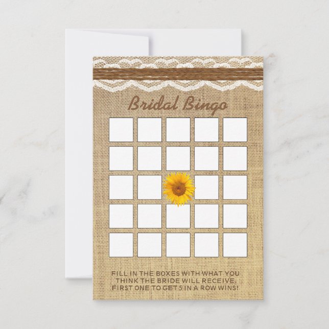 Lace & Twine Sunflower Burlap Bridal Shower Bingo (Front)
